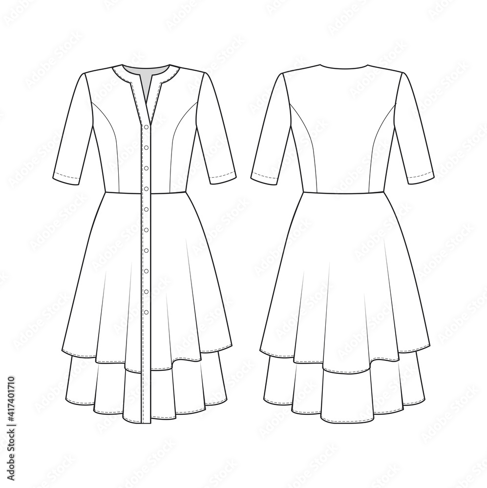 Fashion technical drawing of double skirt dress Fashion technical drawing of double skirt dress