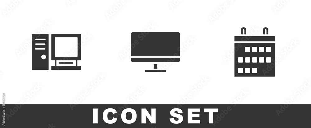 Set Computer monitor, screen and Calendar icon. Vector.