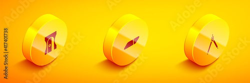Set Isometric Pencil sharpener, Eraser or rubber and Drawing compass icon. Vector.