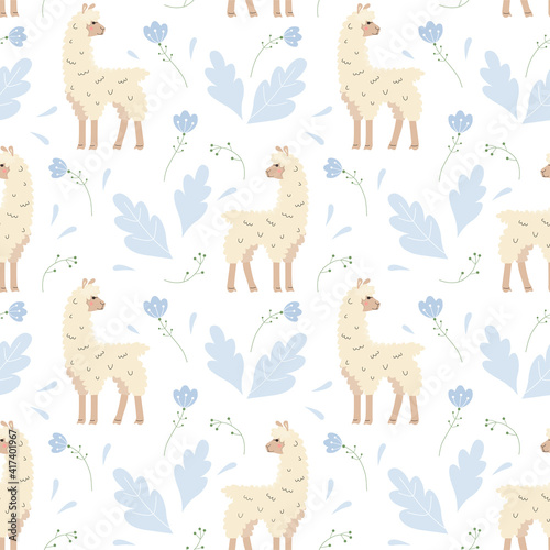 Vector seamless pattern with cute cartoon lamas. Wallpaper with nice alpacas and plants on a white background. Texture for textile or wrapping paper.