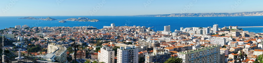 Panoramic view to Marseille, Mediterranean sea and Frioul islands

