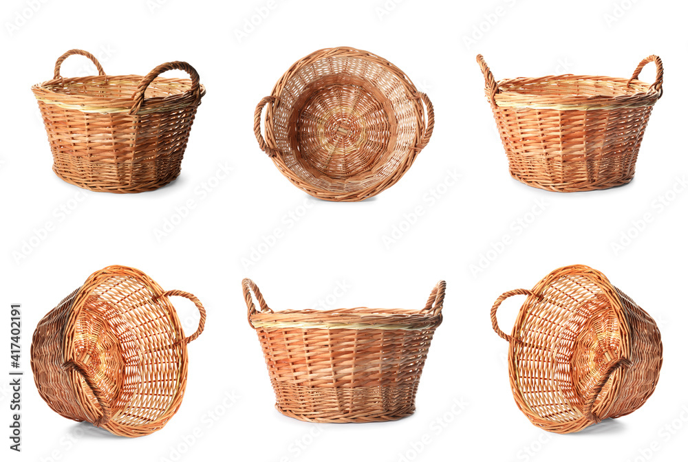 Set with wicker baskets on white background Set with wicker baskets on white background