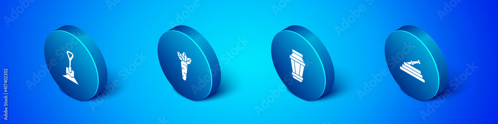 Set Isometric Shovel in the ground, Garden light lamp, hose or fire hose and Carrot icon. Vector. Set Isometric Shovel in the ground, Garden light lamp, hose or fire hose and Carrot icon. Vector.