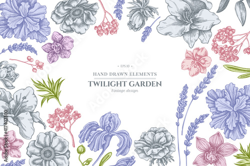 Floral design with pastel anemone, lavender, rosemary everlasting, phalaenopsis, lily, iris