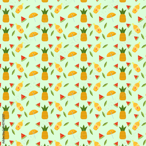 Fototapeta Naklejka Na Ścianę i Meble -  a pattern on the theme of summer, beach and vacation. background with pineapple, watermelon slices, sunscreen and beach umbrella
