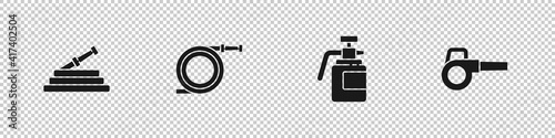Set Garden hose or fire hose, , sprayer for fertilizer and Leaf garden blower icon. Vector.