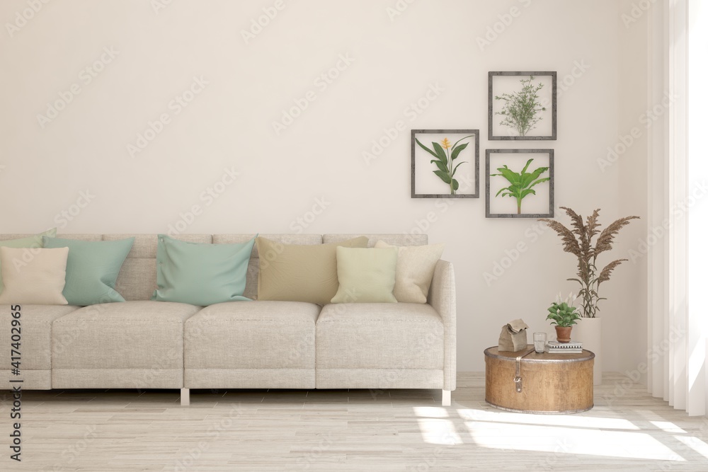 Modern living room in white color with sofa. Scandinavian interior design. 3D illustration Modern living room in white color with sofa. Scandinavian interior design. 3D illustration