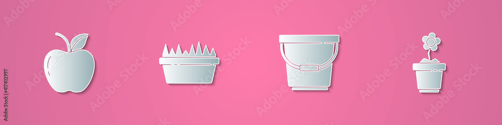 Set paper cut Apple, Fresh grass in a rectangular, Bucket and Flower pot icon. Paper art style. Vector. Set paper cut Apple, Fresh grass in a rectangular, Bucket and Flower pot icon. Paper art style. Vector.