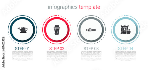 Set Watering can, Garden light lamp, Chainsaw and Apple the sack. Business infographic template. Vector.