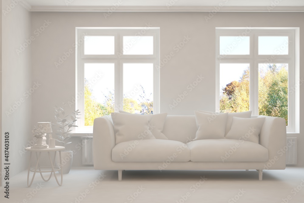 Fototapeta premium Mock up of minimalist living room in white color with sofa. Scandinavian interior design. 3D illustration