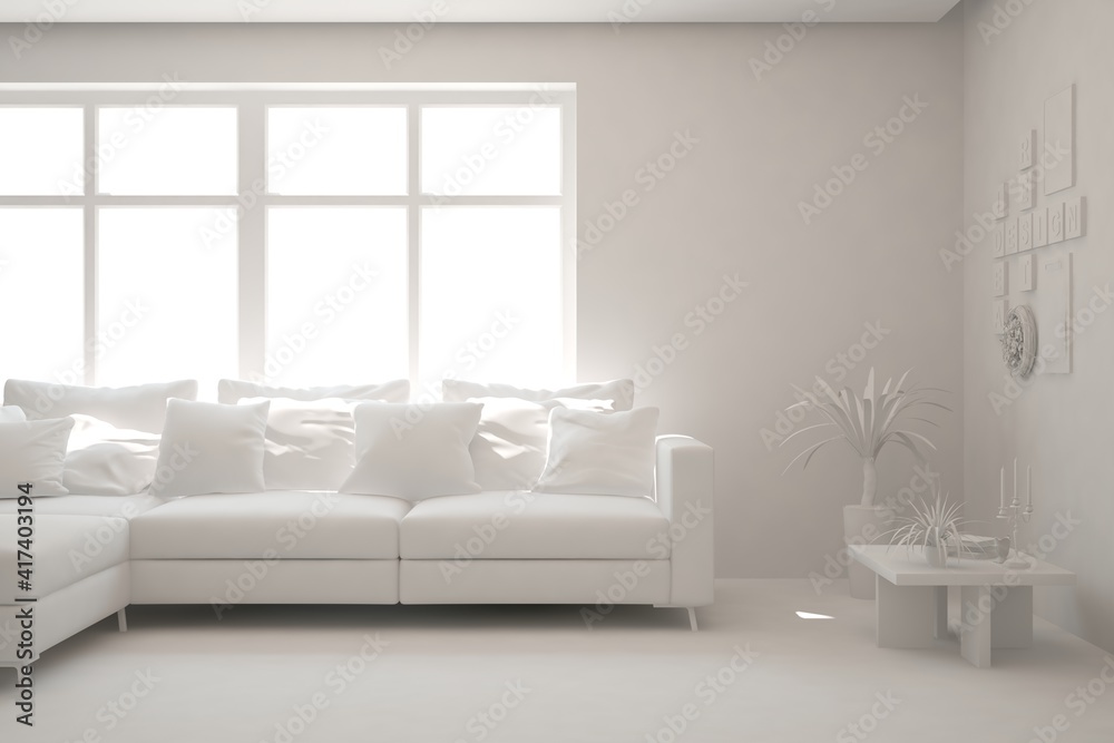 Fototapeta premium White minimalist living room with sofa. Scandinavian interior design. 3D illustration
