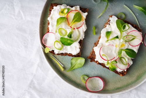 Photos Vegan sandwiches with vegan cottage cheese, green onion, raddish and extra virgi