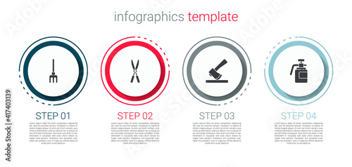 Set Garden rake, Gardening handmade scissors, Wooden axe and sprayer for fertilizer. Business infographic template. Vector.