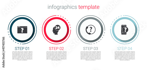 Set Browser with question mark, Support operator in touch, Telephone 24 hours support and Mobile. Business infographic template. Vector.