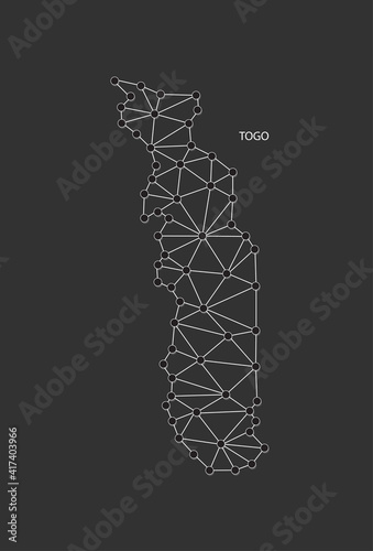 Togo Map Point scales on black background. Wire frame polygonal network white line, dot and shadow dot.