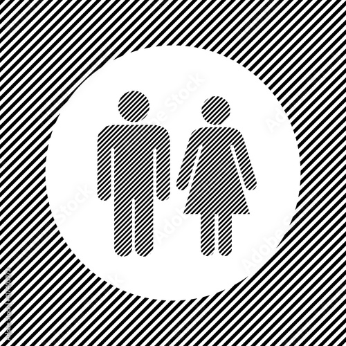 A large man with woman symbol in the center as a hatch of black lines on a white circle. Interlaced effect. Seamless pattern with striped black and white diagonal slanted lines