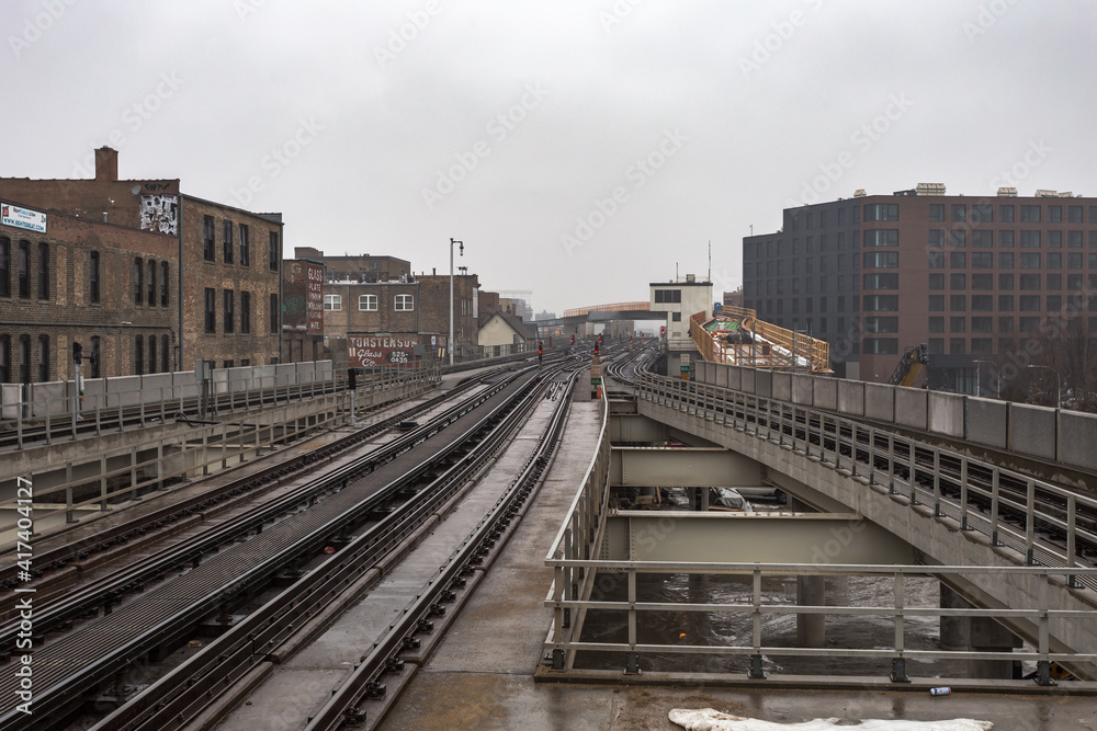 Chicago, Illinois. USA - February 28, 2021: Construction of elevated overpass for Kimball bound brown line trains off Belmont Station in Chicago