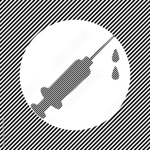 A large syringe symbol in the center as a hatch of black lines on a white circle. Interlaced effect. Seamless pattern with striped black and white diagonal slanted lines