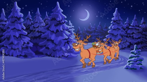 Christmas animated card Santa Claus at the house in forest. Part 1. Santa rides on a Christmas sleigh on a snowy road