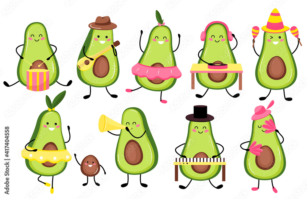 set vector illustration of cute music avocado fruit or character playing guitar. Cute kawaii avocado fruit. Flat cartoon style. stickers. set vector illustration of cute music avocado fruit or character playing guitar. Cute kawaii avocado fruit. Flat cartoon style. stickers.
