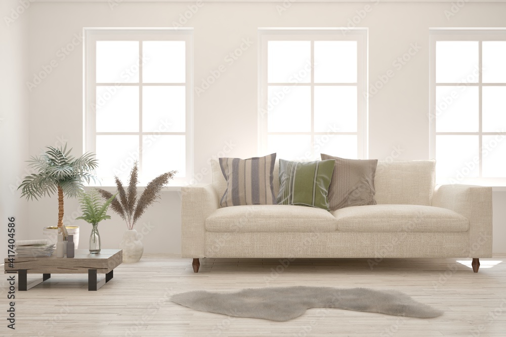 Fototapeta premium White living room with sofa. Scandinavian interior design. 3D illustration