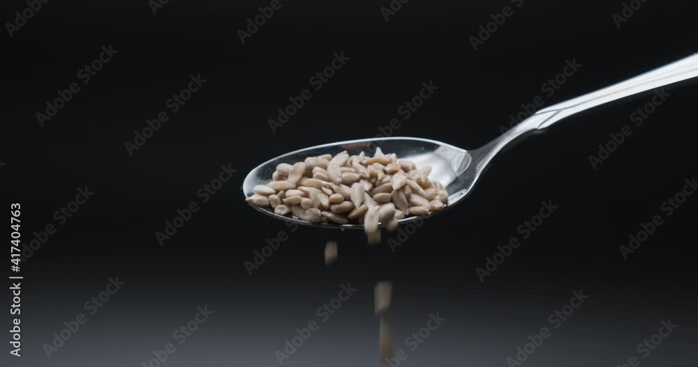 A full spoon of sunflower seeds falling in slow motion from spoon A full spoon of sunflower seeds falling in slow motion from spoon