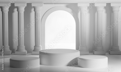 Three Podiums Bright Shining Door Classic Column Pillars Colonade 3D Rendering