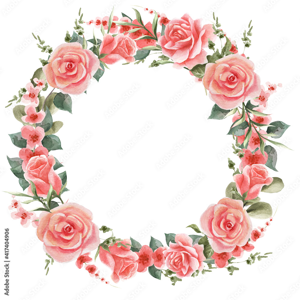 Watercolor floral vignette with pink roses and leaves. Round frame for decorating text, invitations, announcements, congratulations, postcards, etc. Spring illustration.
