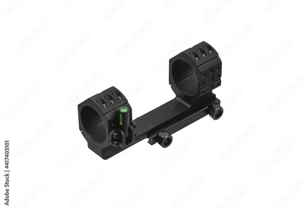 Naklejka premium Quick disconnect mount made for holding a scope on a rifle isolated on white back. Quick Release Sniper Cantilever Scope Mount.
