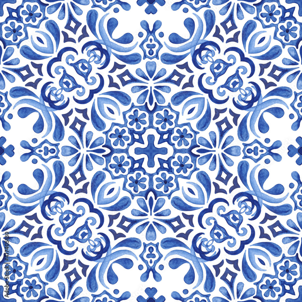 Vintage tile seamless ornamental watercolor arabesque paint tile design pattern for fabric
