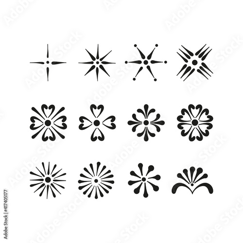 Folksy ornamental abstract geometric mandala design vector elements set isolated on white background. Ornate floral solar circle cross folk art clipart collection