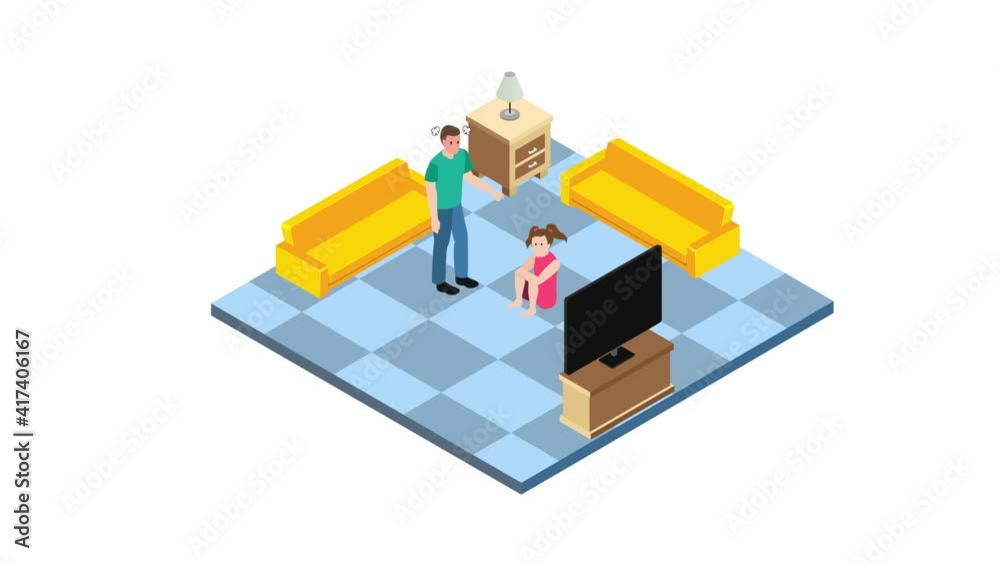 Young man scolding his sad daughter in living room