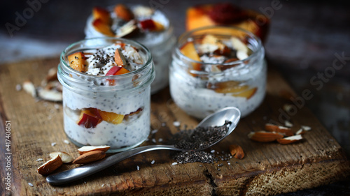 Chia yogurt with peach and almonds. delicious healthy dessert. The keto diet.