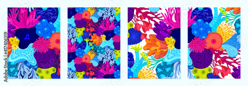 Set of cover templates with patterns of bright corals. Colorful artistic backgrounds with sea or ocean life. Summer designs is for notebook, planner, diary, poster, card, book. Vector illustration