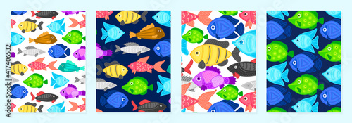 Set of cover templates with patterns of bright cartoon fish. Colorful artistic backgrounds with sea or ocean life. Summer designs is for notebook, planner, diary, poster, card, book. Vector
