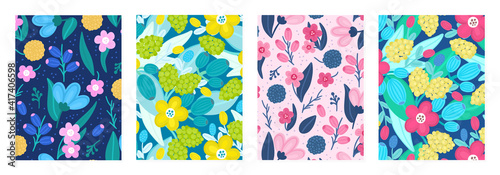 Set of cover templates with beautiful flowers. Colorful artistic backgrounds with floral decorations. Spring designs is for notebook, planner, diary, poster, card, book. Vector illustration, eps10