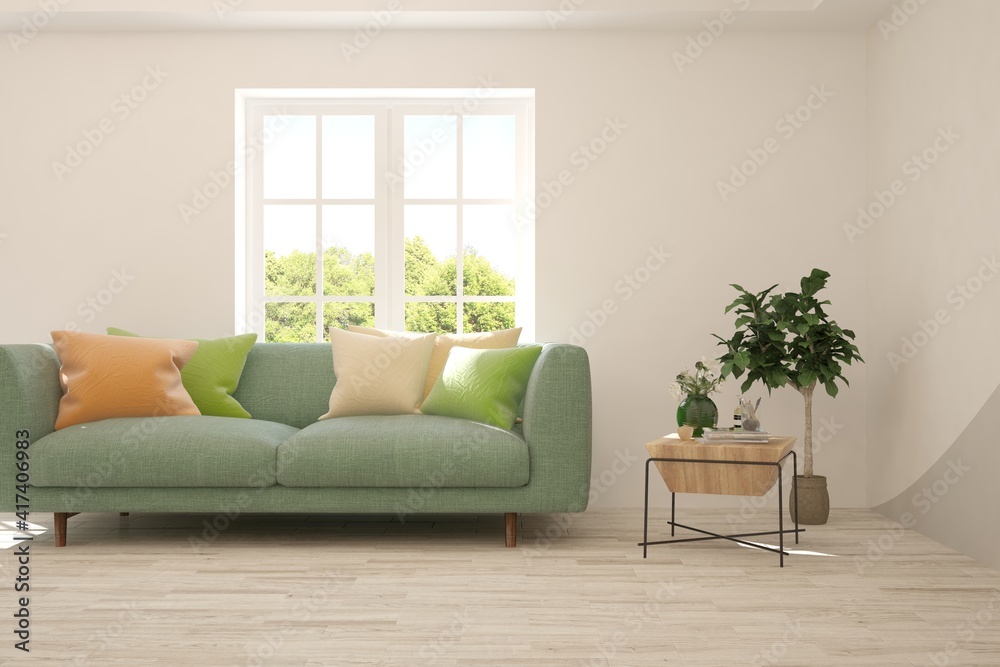 Fototapeta premium White living room with sofa and summer landscape in window. Scandinavian interior design. 3D illustration