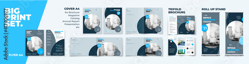 Blue Corporate Identity Print Template Set of Brochure cover, flyer, tri fold, report, catalog, roll up banner. Branding design in Biege colors. Business stationery background design collection.