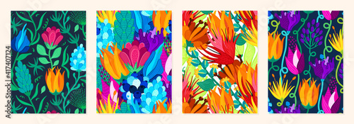 Set of cover templates with beautiful bright flowers. Colorful artistic backgrounds with floral decorations. Summer designs is for notebook, planner, diary, poster, card, book. Vector illustration