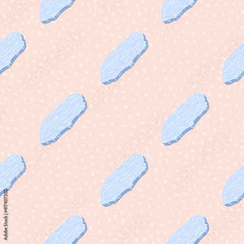 Minimalistic seamless pattern with simple light blue ice floe silhouettes. Pink background. Landscape winter print.