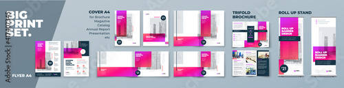 Corporate Identity Print Template Set of Brochure cover, flyer, tri fold, report, catalog, roll up banner. Branding design in Biege colors. Business stationery background design collection.