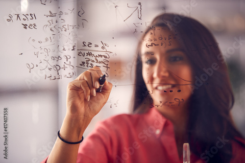 Fényképezés Brainstorming Businesswoman Or Mathematician Drawing Graph Calculation On Glass