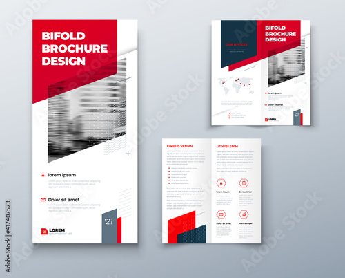 Bi fold brochure or flyer design with circle. Creative concept flyer or brochure. Template is white with a place for photos.