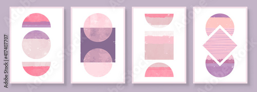 Mid Century Modern Design. A trendy set of Abstract Pink Hand Painted Illustrations for Wall Decoration, Social Media Banner, Brochure Cover Design or Postcard Background. Aesthetic watercolor.