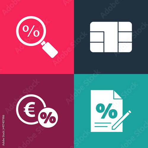 Set pop art Finance document, Money coin with percent, Credit card chip and Magnifying glass icon. Vector.