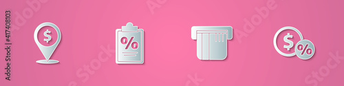 Set paper cut Cash location, Finance document, Credit card and Money coin with percent icon. Paper art style. Vector.