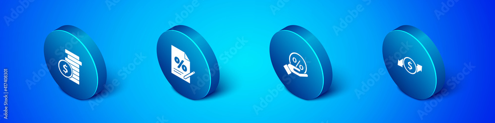 Set Isometric Coin money with dollar, Discount percent tag, Financial growth and and Finance document icon. Vector. Set Isometric Coin money with dollar, Discount percent tag, Financial growth and and Finance document icon. Vector.