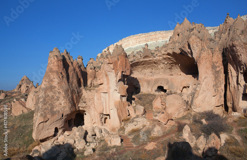 Unique geological formations in Zelve valley, Cappadocia, Central Anatolia, Turkey. Nevsehir, Goreme National Park photo