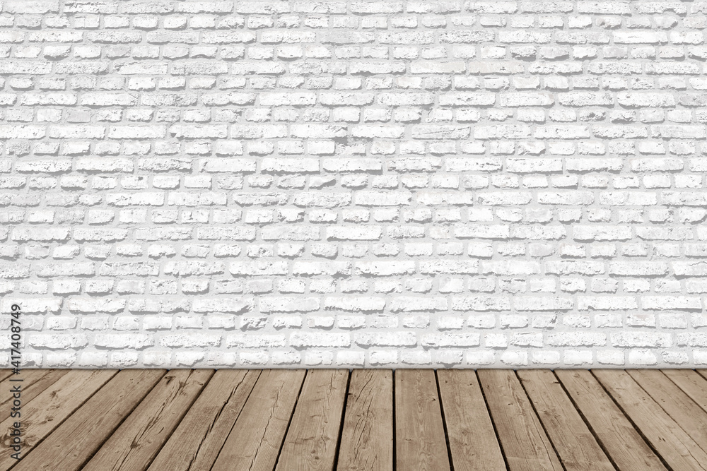 white brick wall with wooden surface