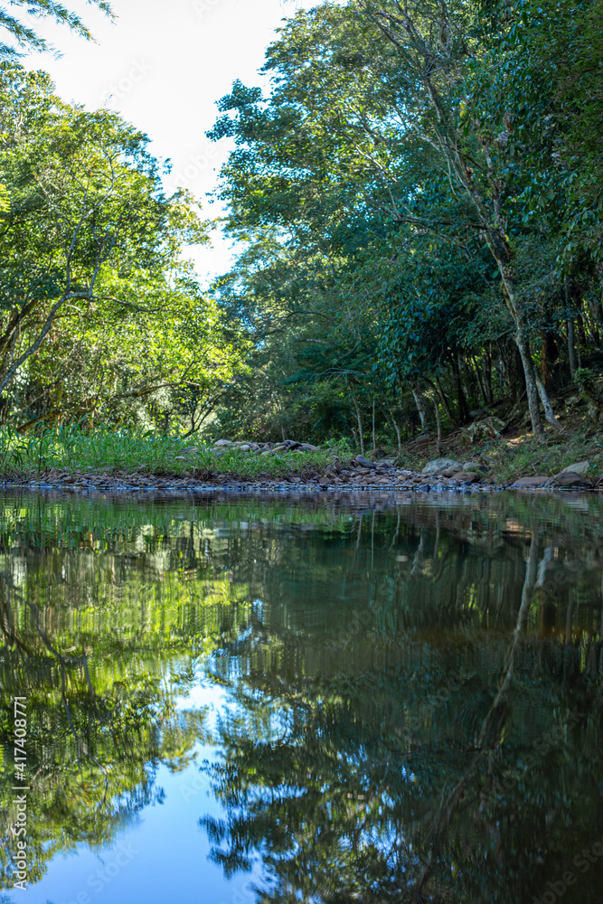Lago natural verde tranquilo en una mañana fresca en salto pa´i colonia independencia paraguay